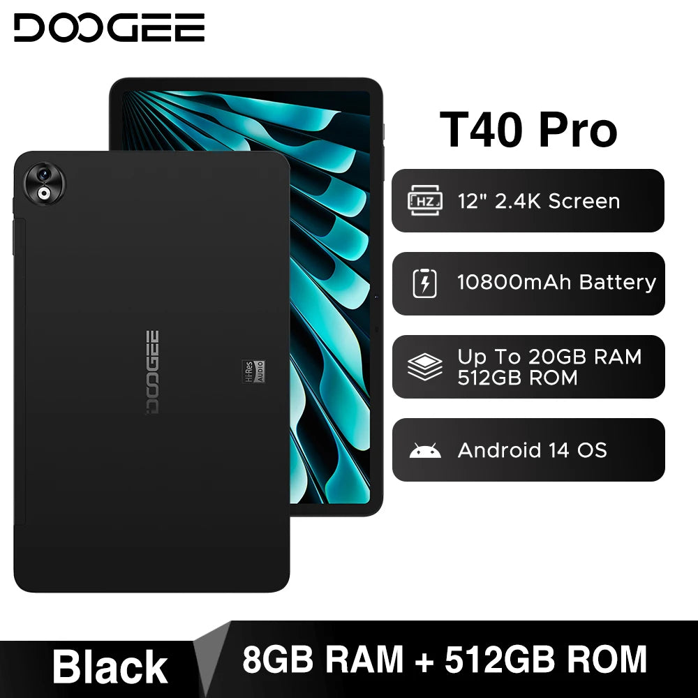 DOOGEE T40 Pro Tablet 12" IPS 2.4K 20GB(8+12) 512GB  Android 14  Helio G99 6nm 10800mAh 18W Charge Quad Speaker 7.6mm ultra-thin