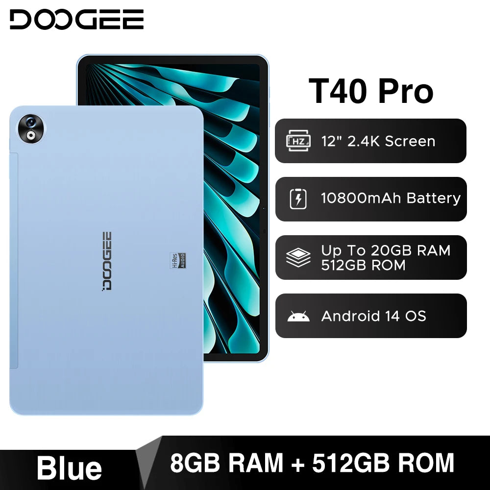 DOOGEE T40 Pro Tablet 12" IPS 2.4K 20GB(8+12) 512GB  Android 14  Helio G99 6nm 10800mAh 18W Charge Quad Speaker 7.6mm ultra-thin