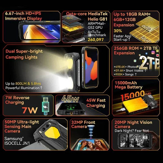 Blackview BV7300 Rugged Phone 6.67'' HD+ IPS 90Hz Display Dual Camping Light NFC 15000mAh 45W Fast Charge Android 14 Cellphone - Price Value Store
