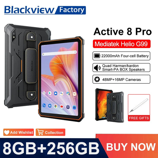 Blackview Active 8 Pro Tablet, 16GB, 256GB, 10.36 ", 16MP + 48MP Camera, Android 14, 22000mAh Large Battery, Rugged Tablet PC
