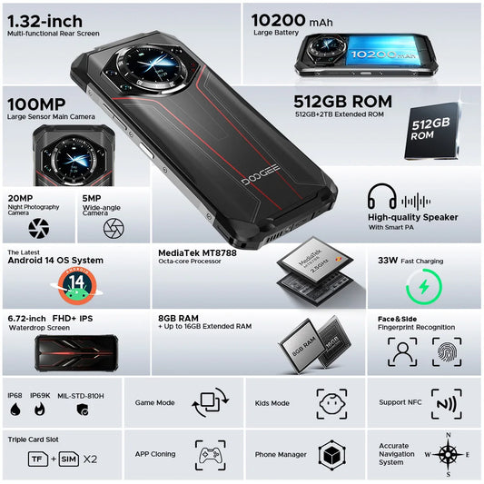 World Premiere DOOGEE S119 Rugged Phone 6.72" FHD+ IPS Screen 8GB 512GB 100MP AI Main Camera 10200mAh Battery 33W Android 14 NFC