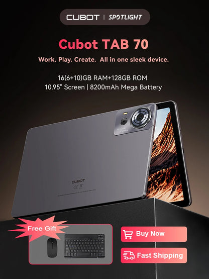 Cubot TAB 70, 2025 New Tablet Android 14, Octa-Core, 16GB RAM(6GB+10GB), 128GB ROM, 10.95" HD+ Screen, 8200mAh, GPS, Face ID