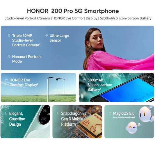 2024 Global Version HONOR 200 Pro Snapdragon 8s Gen 3 5G Smart phone 6.78'' 120Hz AMOLED 5200mAh Large Battery 100W SuperCharge - Price Value Store