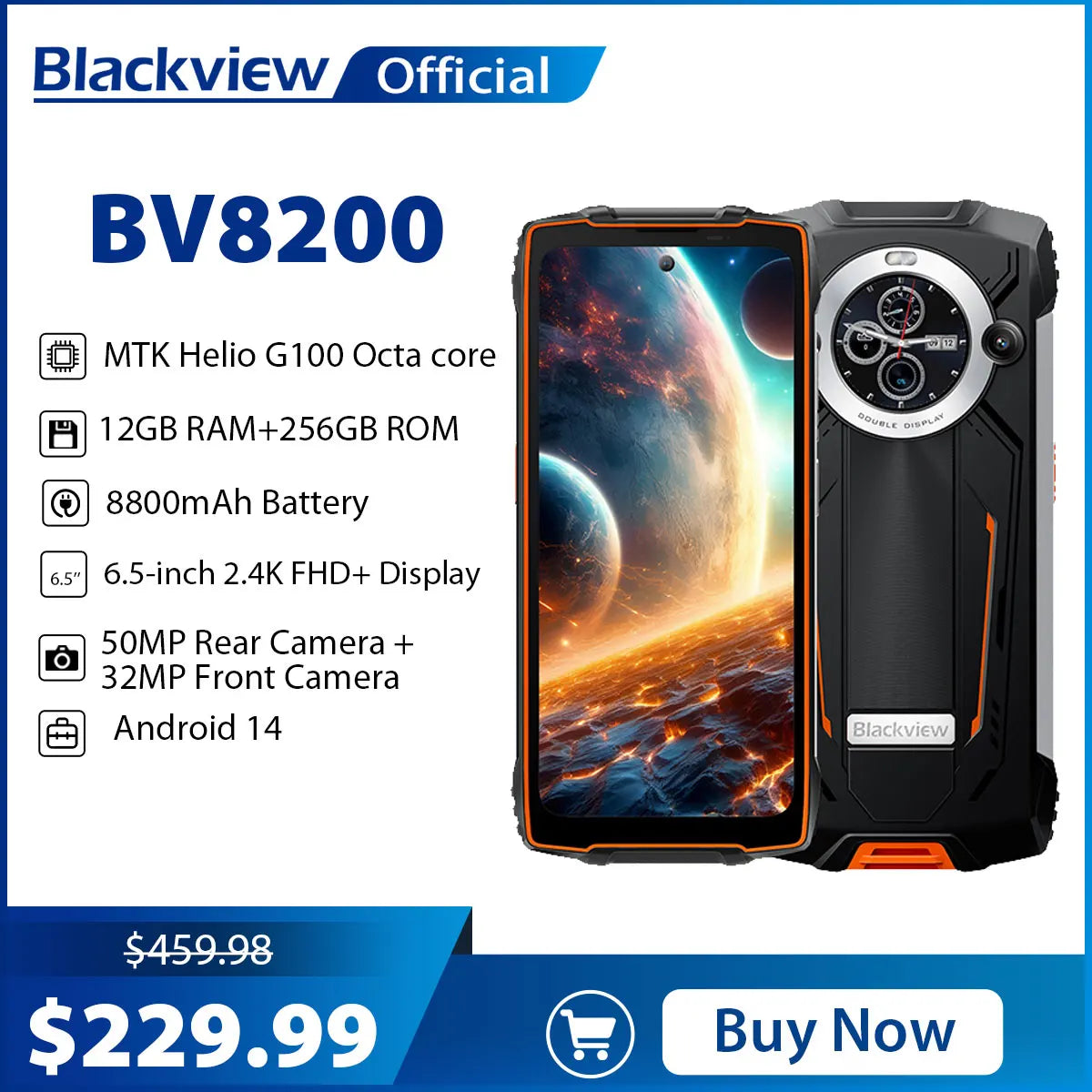 Blackview BV8200 Rugged Phone 6.5" 2.4K 120Hz Display, MTK Helio G100 Smartphone Android 14,12GB 256GB 8800Ah NFC CellPhone 50MP