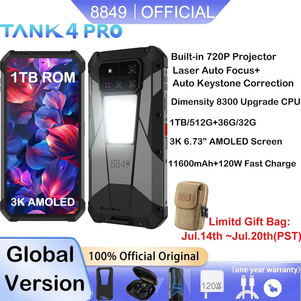 8849 Tank 4 Pro Unihertz 5G Rugged Projector Smartphone 1TB 36G Android 14 Sports Phone 11600mAh Dimensity8300 AMOLED 120HZ - Price Value Store