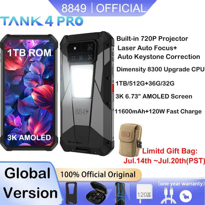 8849 Tank 4 Pro Unihertz 5G Rugged Projector Smartphone 1TB 36G Android 14 Sports Phone 11600mAh Dimensity8300 AMOLED 120HZ - Price Value Store