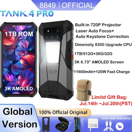 8849 Tank 4 Pro Unihertz 5G Rugged Projector Smartphone 1TB 36G Android 14 Sports Phone 11600mAh Dimensity8300 AMOLED 120HZ - Price Value Store