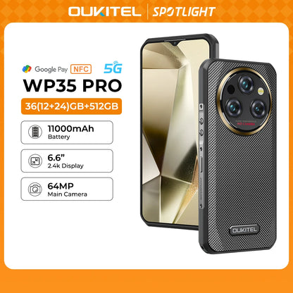 Oukitel WP35 PRO Rugged Smartphone 5G 11000mAh 36GB+512GB, 6.6" 2.4K Display Andiron 14, 64 MP, NFC Cell Phone