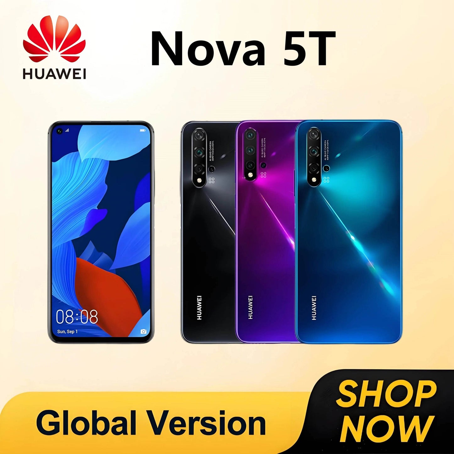 Global Version,HUAWEI-Nova 5T,Smartphone Android,6.26 inch,256GB ROM,Google Play Store,Mobile phones,48MP,4G Network,Cellphones - Price Value Store