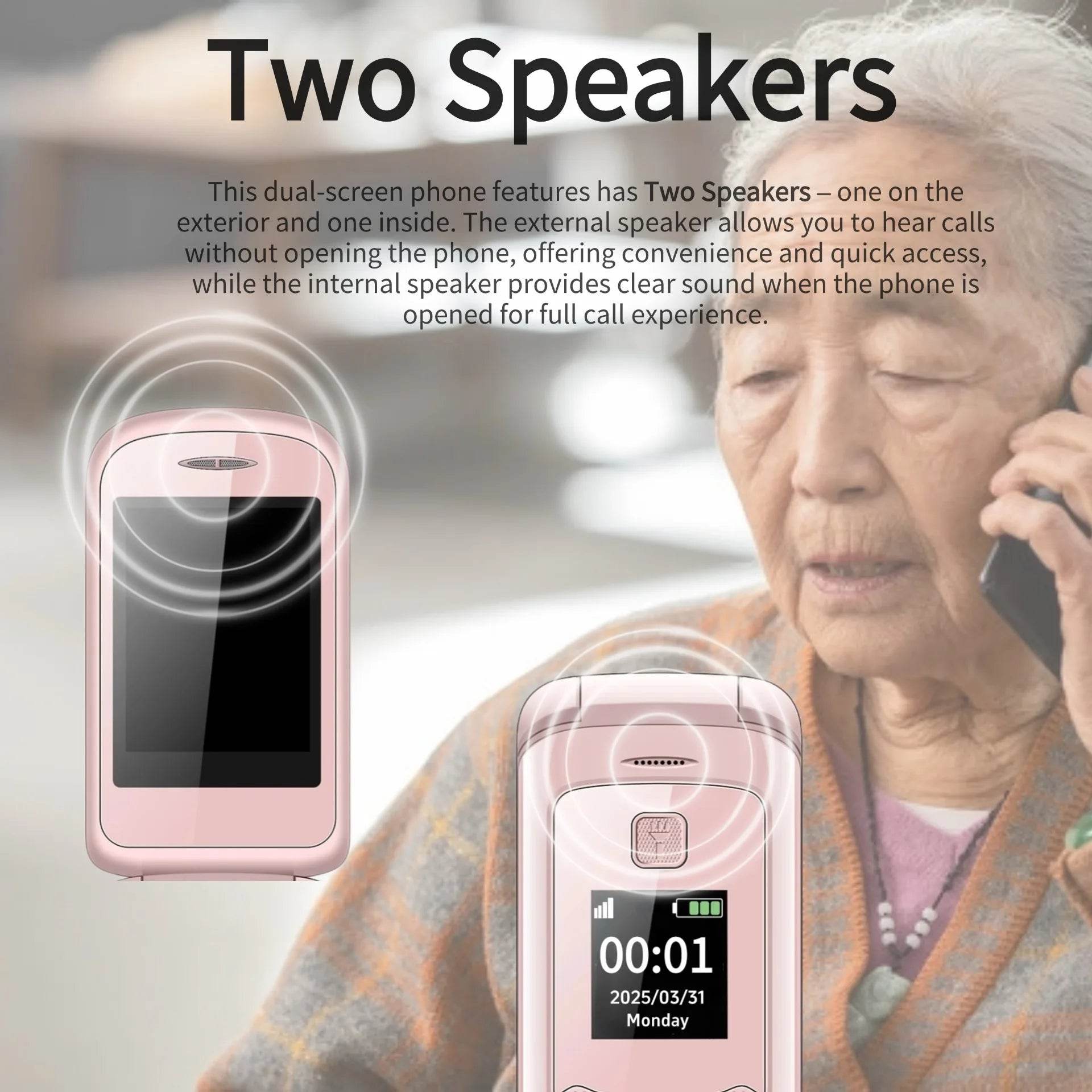 Stylish Ladies Flip Phone Dual Display Big Keypad Cheap Clamshell Mobile with SOS Button Qick Dial Loud Speaker Two Earpieces - Price Value Store