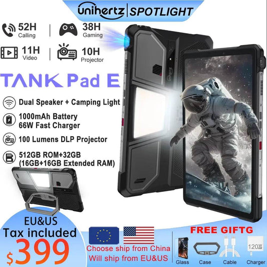 Unihertz 8849 TANK PAD E Rugged Tablet with Projector Android 21000mAh 120Hz 50MP Camera 24GB 512GB 66W 10.95 inch Phone Tablet - Price Value Store