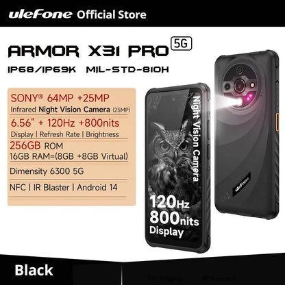 【World Premiere】Ulefone Armor X31 Pro 5G Rugged Phone Android 14 Smartphone 6.56”16GB + 256GB Night Camera 64MP 6050mAh NFC - Price Value Store