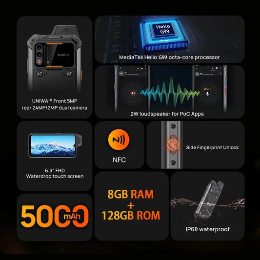 UNIWA W999 Helio G99 Rugged Waterproof Walkie Talkie 8GB+128GB 6.3 Inch FHD 5000mAh Smartphone Andriod 13 NFC Cell Phones ATEX - Price Value Store