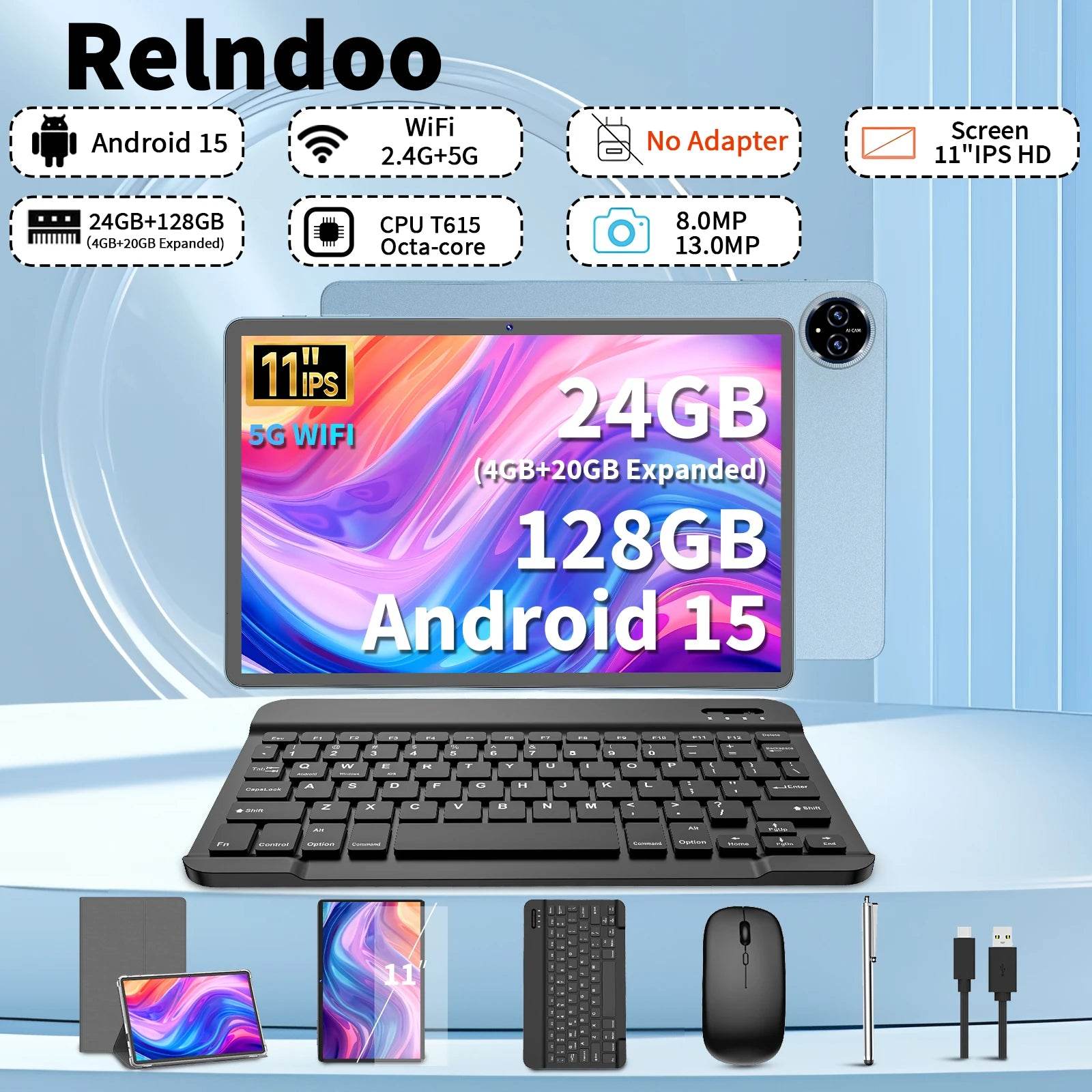 2025 Relndoo 11 Inch Android 15 Tablet , 24GB(4+20 Expanded) RAM+128GB ROM, IPS HD Screen, 5G WiFi, T615 Processor, GPS, Type C - Price Value Store