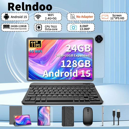 2025 Relndoo 11 Inch Android 15 Tablet , 24GB(4+20 Expanded) RAM+128GB ROM, IPS HD Screen, 5G WiFi, T615 Processor, GPS, Type C - Price Value Store
