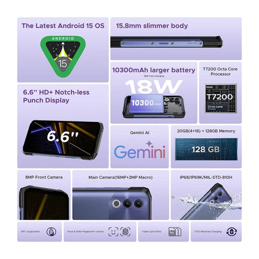 Global Version DOOGEE Blade20 Rugged Phone Gemini AI 10300mAh Battery 6.6'' HD+ Screen 4GB 128GB Android 15 Smartphone NFC - Price Value Store