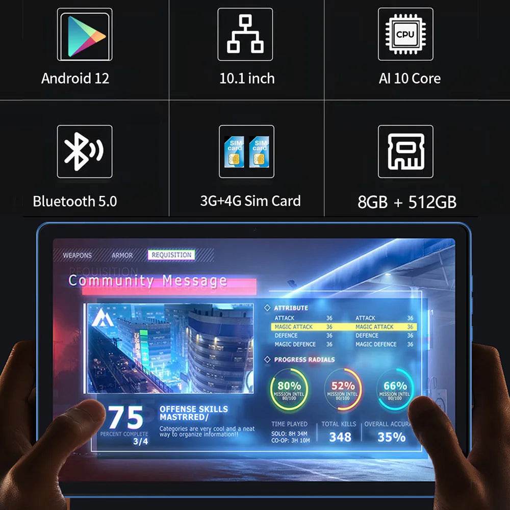New 5G Pro 10.1 Inch Tablet Pc 8GB RAM 512GB ROM 2000x1200 Tablets 10 Core Google Play 4G LTE Phone Call Android 12 WiFi 8000mAh - Price Value Store