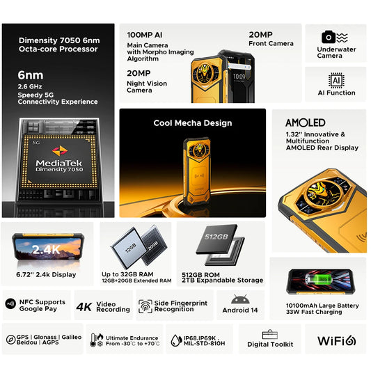 Global Version DOOGEE S200 X 5G Rugged Phone 32GB 512GB 6.72" FHD+ 120Hz Display MTK Dimensity 7050 10100mAh Large battery
