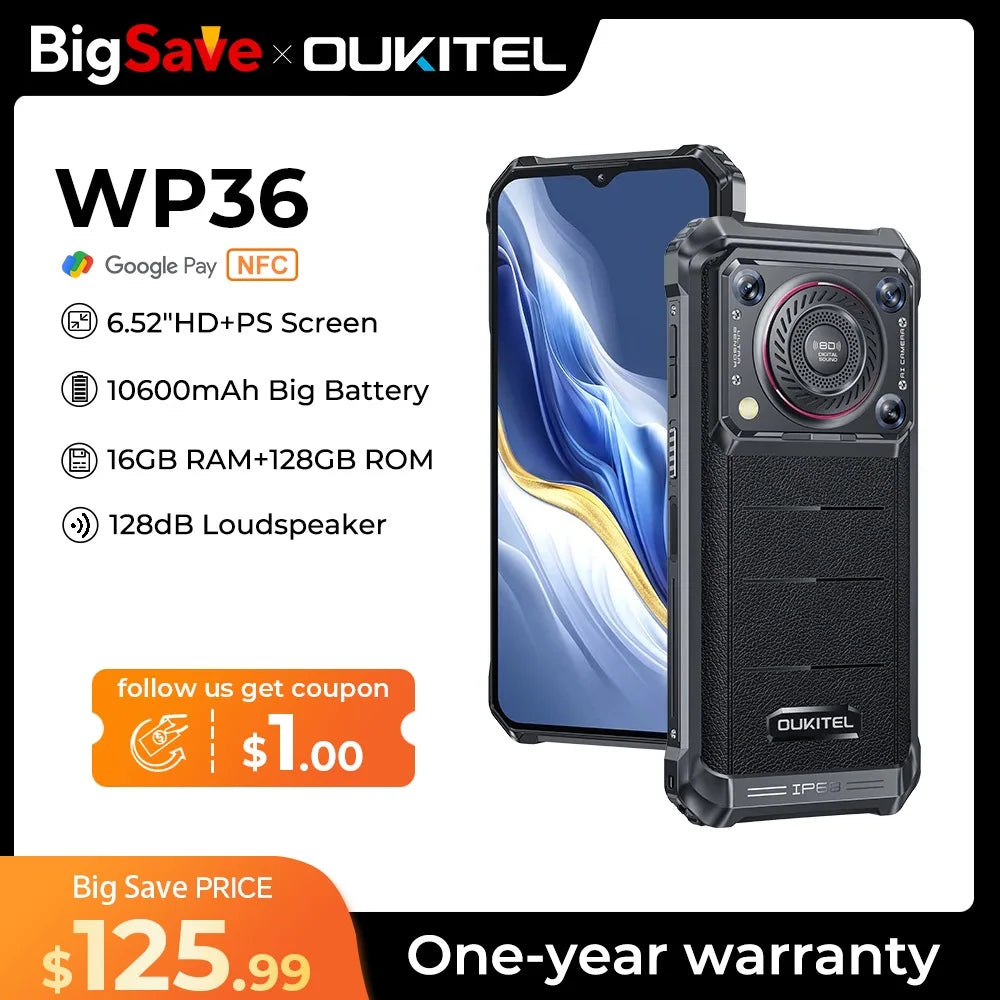 Oukitel WP36 Rugged Smartphone 10600mAh 6.52" HD+ Cell phone 16GB 128GB Mobile Phone Android 13 13MP Camera