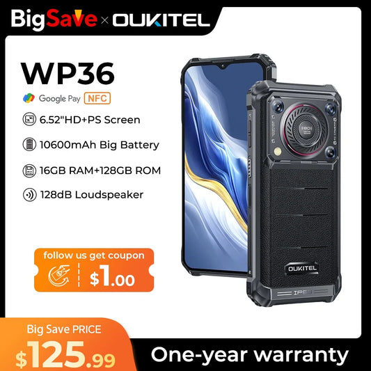 Oukitel WP36 Rugged Smartphone 10600mAh 6.52" HD+ Cell phone 16GB 128GB Mobile Phone Android 13 13MP Camera