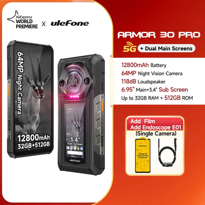 【World Premiere】Ulefone Armor 30 Pro 5G Rugged Phone Android 14 Smartphone 6.9" 120Hz 32GB+512GB 12800mAh Night Camera 64MP NFC
