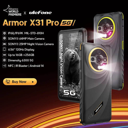 【World Premiere】Ulefone Armor X31 Pro 5G Rugged Phone Android 14 Smartphone 6.56”16GB + 256GB Night Camera 64MP 6050mAh NFC - Price Value Store