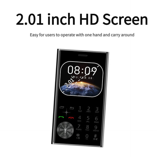 Credit Card Size Mini Phone Unlocked Dual SIM Ultra Thin 2.0" Display Pocket Cellphone Voice Changer Speed Dial Flashlight