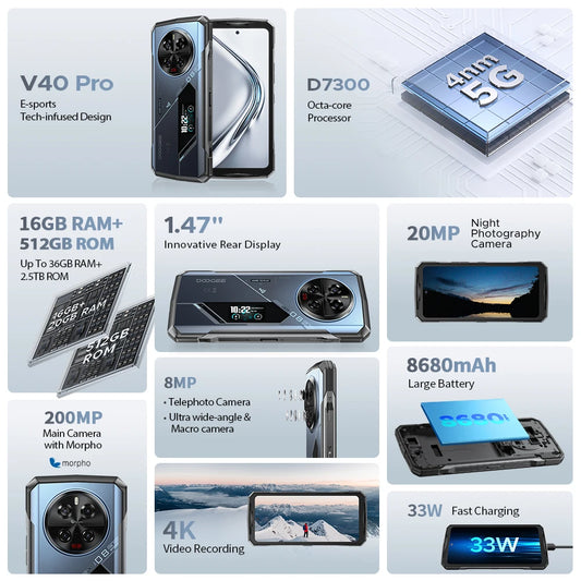 World Premiere DOOGEE V40 Pro 5G Rugged Phone 6.78" 16GB+512GB Gaming Phones Dimensity 7300 200MP AI Camera 8680mAh Android 14