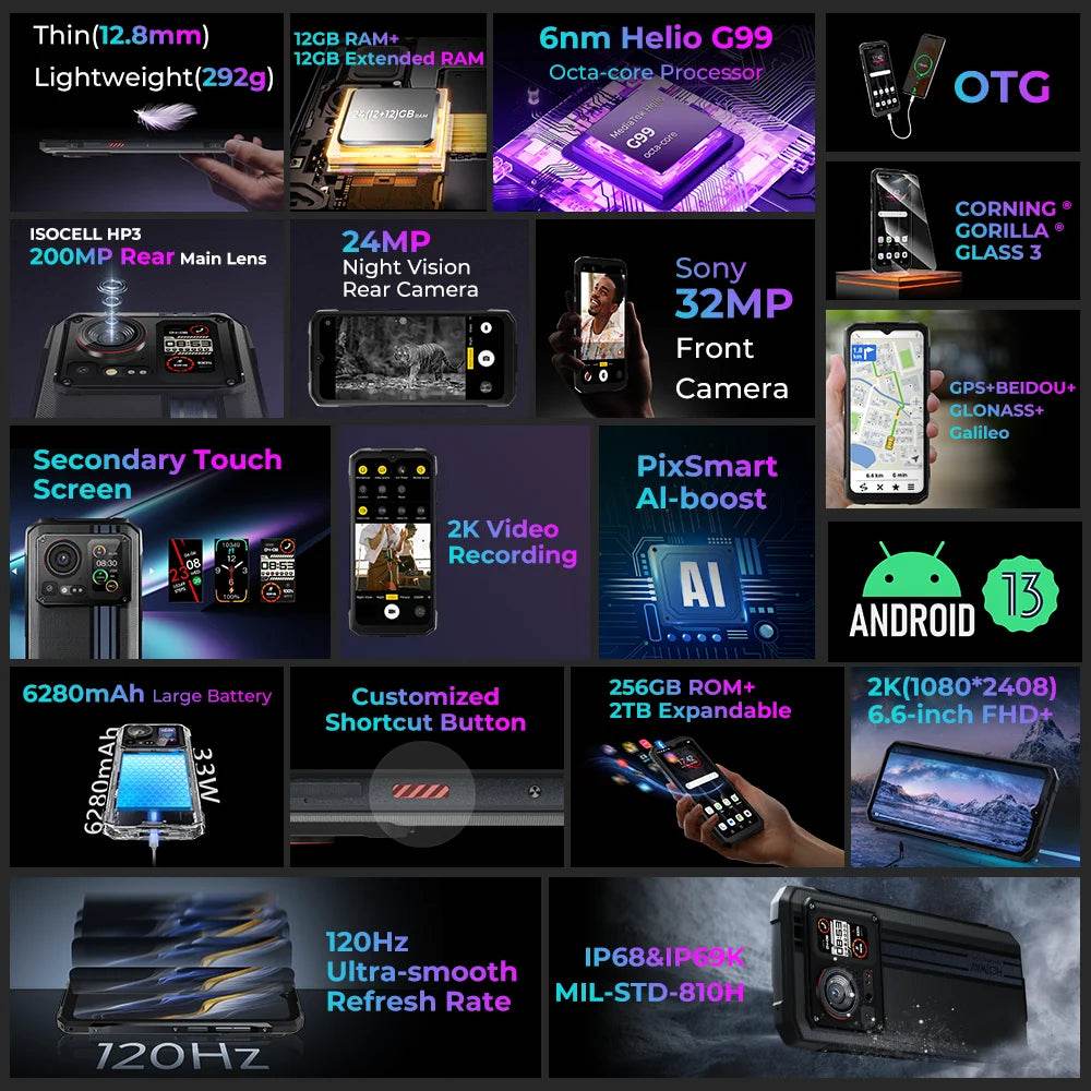 HOTWAV Cyber 15 Rugged Smartphones G99 Gaming Phones 200MP Outdoor Shooting Cellphones On Sale 6.6'' FHD+ 120Hz 12GB 256GB - Price Value Store