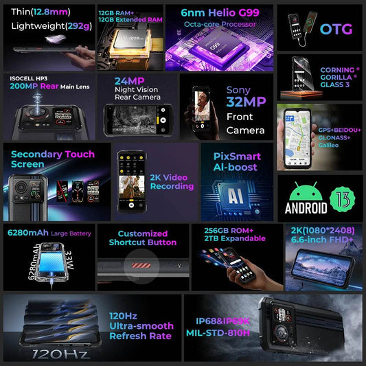 HOTWAV Cyber 15 Rugged Smartphones G99 Gaming Phones 200MP Outdoor Shooting Cellphones On Sale 6.6'' FHD+ 120Hz 12GB 256GB - Price Value Store