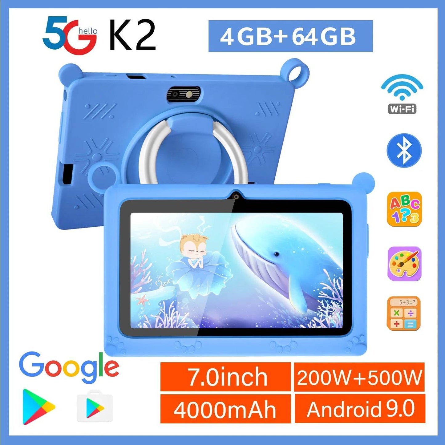 BDF K2 New 5G Kids Tablet 7 Inch Quad Core 4GB RAM 64GB ROM Android 9.0 Google Learning Education Games Tablets WiFi Bluetooth - Price Value Store
