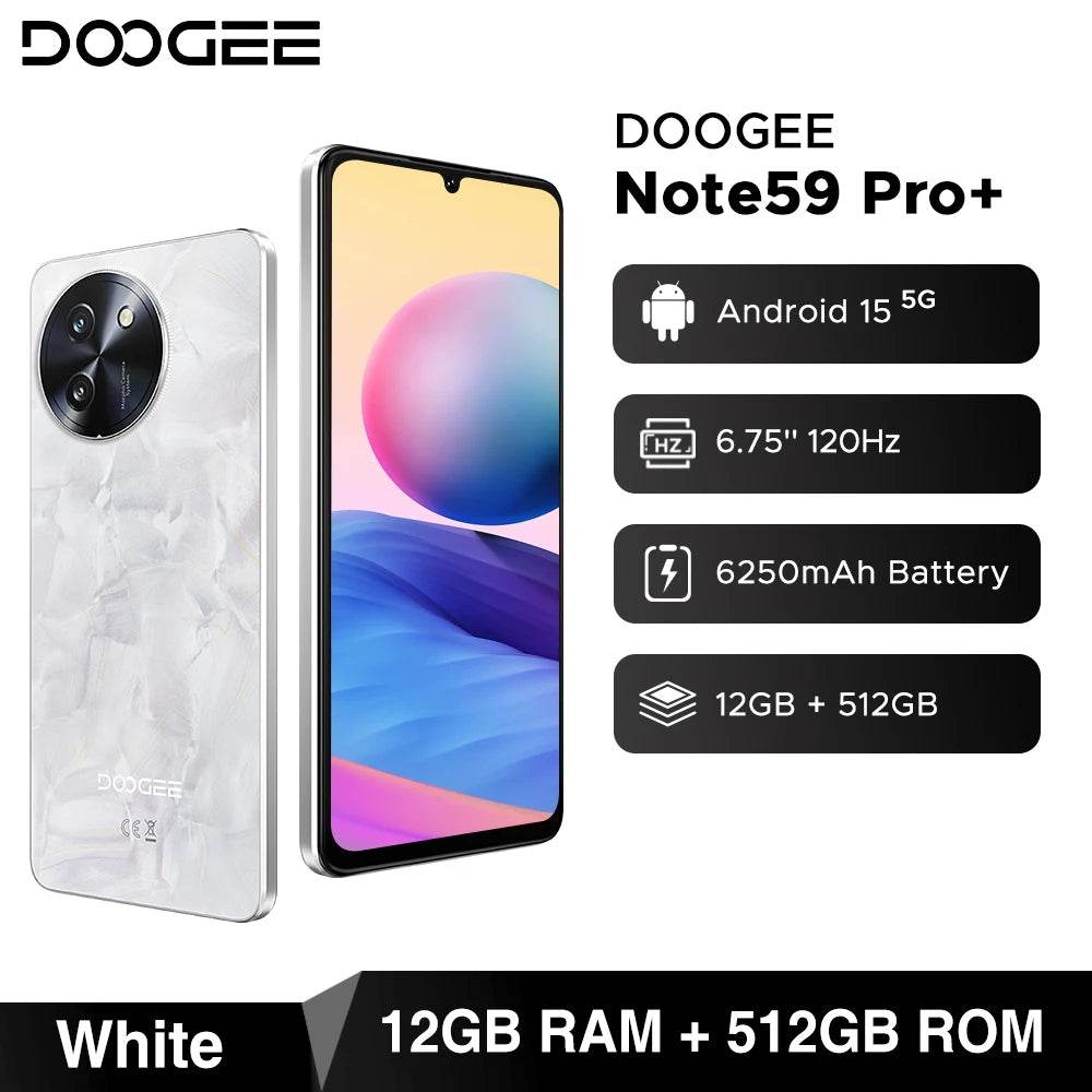 DOOGEE Note59 Pro+ 5G Smartphone Android 15 Global Version 6250mAh Battery 6.75'' 120Hz Display 12GB 512GB Mobile Phone NFC - Price Value Store