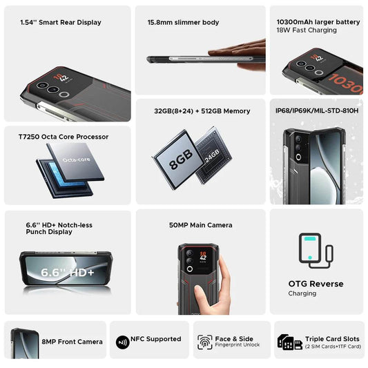 DOOGEE Blade20 Ultra Rugged Phone Global Version 1.54'' IPS Rear Display 8GB 512GB 10300mAh Battery 6.6'' Display Smartphone - Price Value Store