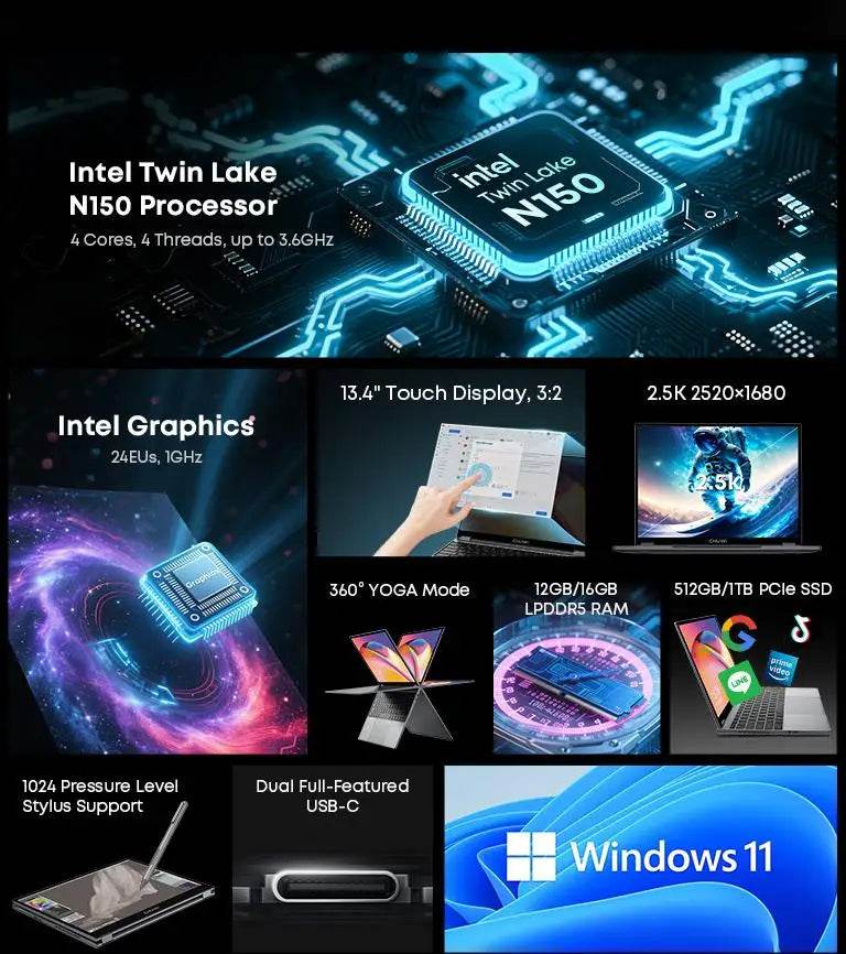CHUWI FreeBook 2-in-1 Laptop 13.5'' 116GB LPDDR5 RAM 512GB SSD Intel N100/N150(up to 3.6GHz) FHD 2TB SSD Expand Windows 11 - Price Value Store