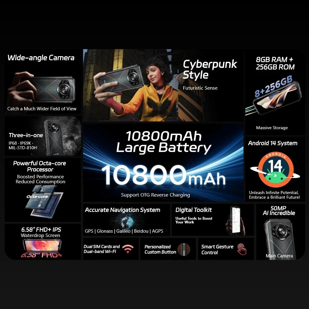 Global Version DOOGEE S Cyber Rugged Phone 6.58" 90Hz IPS Screen 8GB+256GB Android 14 10800mAh Large Battery 50MP AI Main Camera
