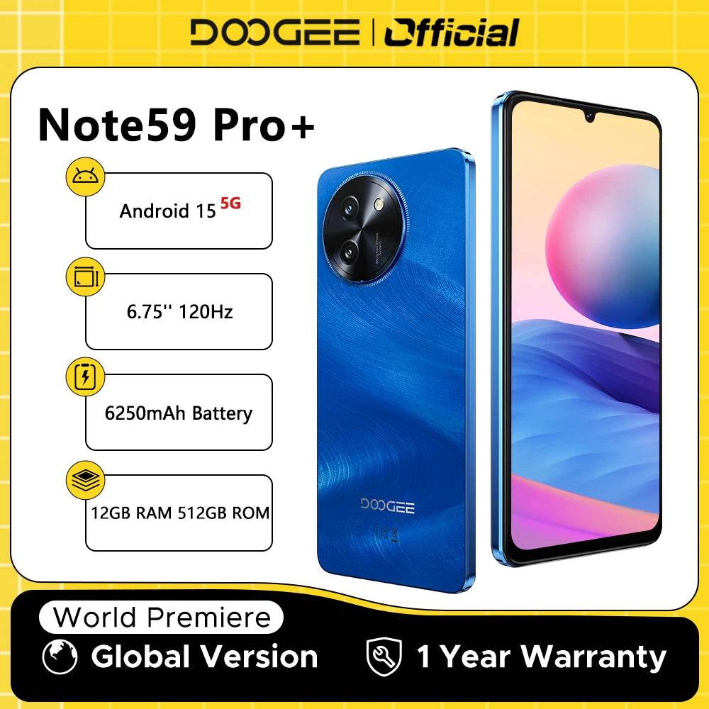 DOOGEE Note59 Pro+ 5G Smartphone Android 15 Global Version 6250mAh Battery 6.75'' 120Hz Display 12GB 512GB Mobile Phone NFC - Price Value Store