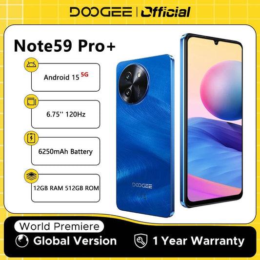 DOOGEE Note59 Pro+ 5G Smartphone Android 15 Global Version 6250mAh Battery 6.75'' 120Hz Display 12GB 512GB Mobile Phone NFC - Price Value Store