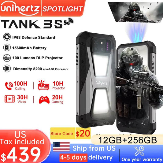 Unihertz tank 3s 8849 powered smartphone with projector 24GB 256GB Dimension 8200 cellphone 15600mAh 66W charger 64MP 5G phone - Price Value Store