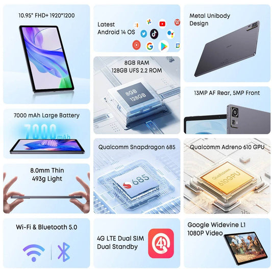 CHUWI AuPad Tablet Snapdragon 685 Octa-core 10.95inch FHD Screen 8GB DDR4 128GB ROM 4G LTE GPS Android 14 Tablets PC Widevine L1 - Price Value Store