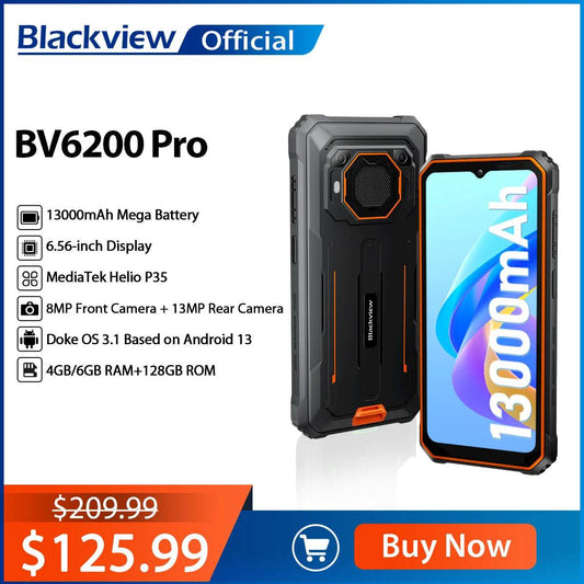 Blackview BV6200 Pro Rugged Phone Android 13 6.56'' Helio P35, 6GB+128GB Smartphone 13000mAh With 18W Fast Charge NFC Cell Phone - Price Value Store