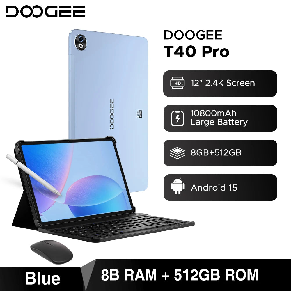 DOOGEE T40 Pro Tablet 12" IPS 2.4K 20GB(8+12) 512GB  Android 14  Helio G99 6nm 10800mAh 18W Charge Quad Speaker 7.6mm ultra-thin