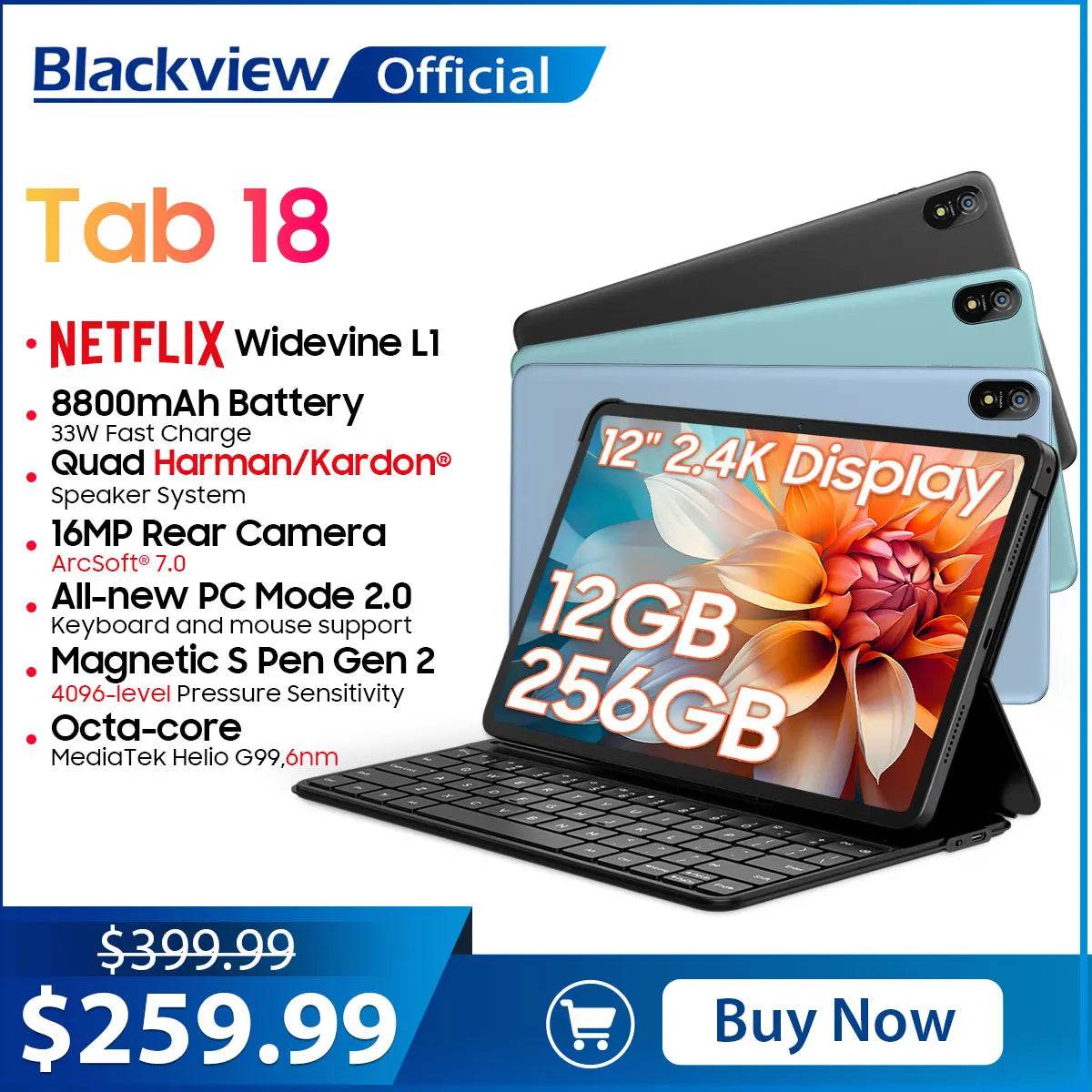 Blackview Tab 18 Tablet PC 12'' 2.4K FHD+Display Helio G99 8GB RAM 256GB ROM, Netflix Widevine L1, 8800mAh Battery 33W - Price Value Store