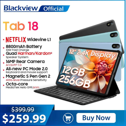 Blackview Tab 18 Tablet PC 12'' 2.4K FHD+Display Helio G99 8GB RAM 256GB ROM, Netflix Widevine L1, 8800mAh Battery 33W - Price Value Store
