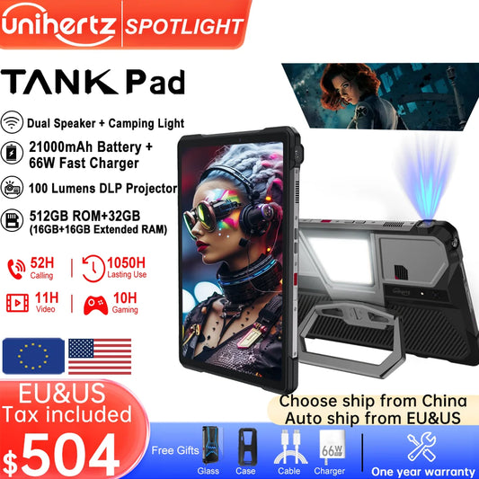 Unihertz Tank PAD 8849 Rugged Projector Phone Tablet Android 32GB 512GB 21000mAh 10.95" FHD Dual Speaker Waterproof Tablet