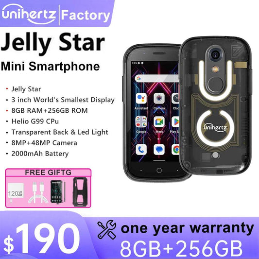 Unihertz Jelly Star Smallest Android 13 Smartphone 8GB 256GB Led Light Transparent Backshell Mobile Phone 48MP 3inch Cellphones - Price Value Store