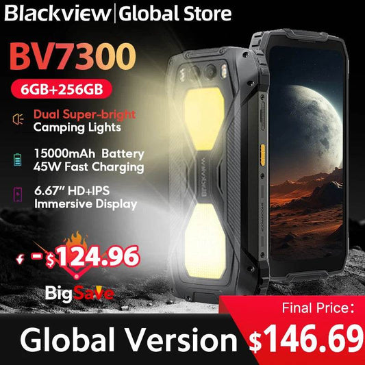 Blackview BV7300 Rugged Phone 6.67'' HD+ IPS 90Hz Display Dual Camping Light NFC 15000mAh 45W Fast Charge Android 14 Cellphone - Price Value Store