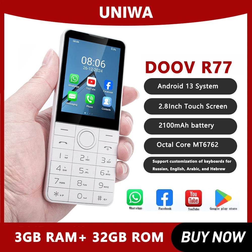 DOOV R77 4G Smart Touch Screen 2.8 Inch Keypad Mobile Phone without Camera 3GB+32GB 2100mAh Android 13 Whatsapp Hebrew keyboard - Price Value Store