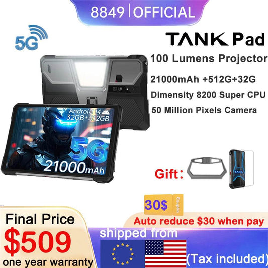 8849 TANK PAD Unihertz Rugged Tablet Projector 10.95 inch 120Hz 32GB 512GB 21000mAh 32MP+50MP 66W Phone Tablet - Price Value Store