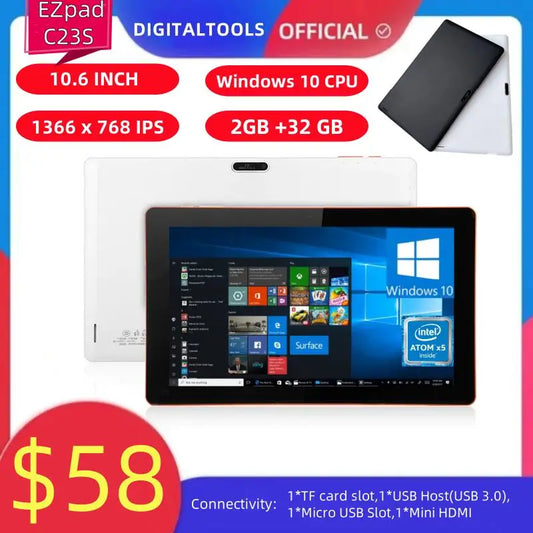 32Bit 10.6" Windows 10 Tablet PC 2GB RAM 32GB ROM X5 Z3735F Quad Core 1.33-GHz 1366 x 768 Pixel WIFI HD-MI 6600mAh ﻿