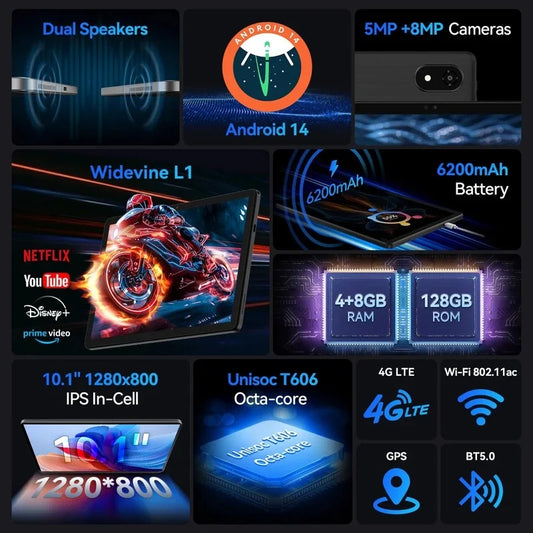 Alldocube iplay 60S 4G-LTE/WiFi Version 10.1" Tablet 4GB+8GB RAM 128GB ROM Android 14 OS 6200mAh Big Battery WiFi 6
